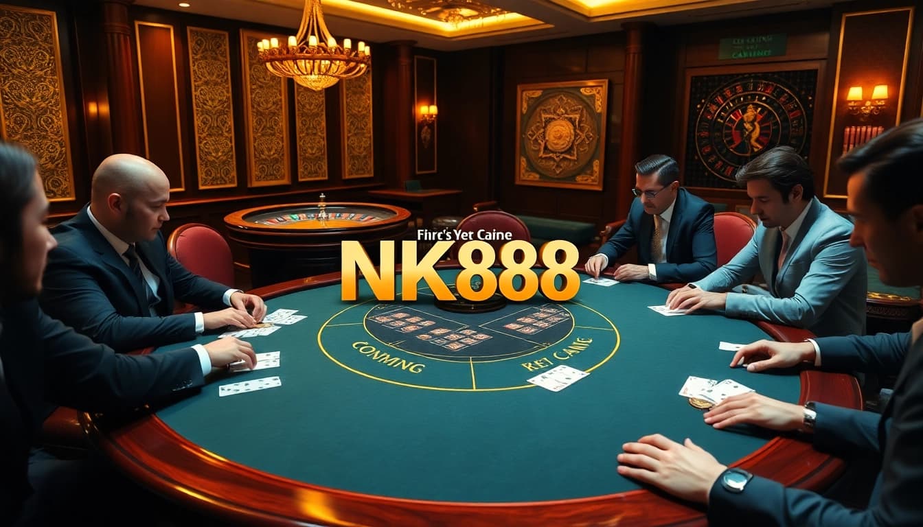 Players enthusiastically betting at the NK88 poker table, showcasing excitement in a luxurious casino setting.