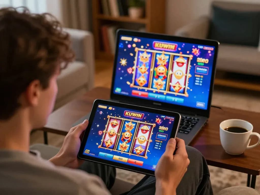 Engaging gameplay on KUWIN online casino tablet with colorful slot machines