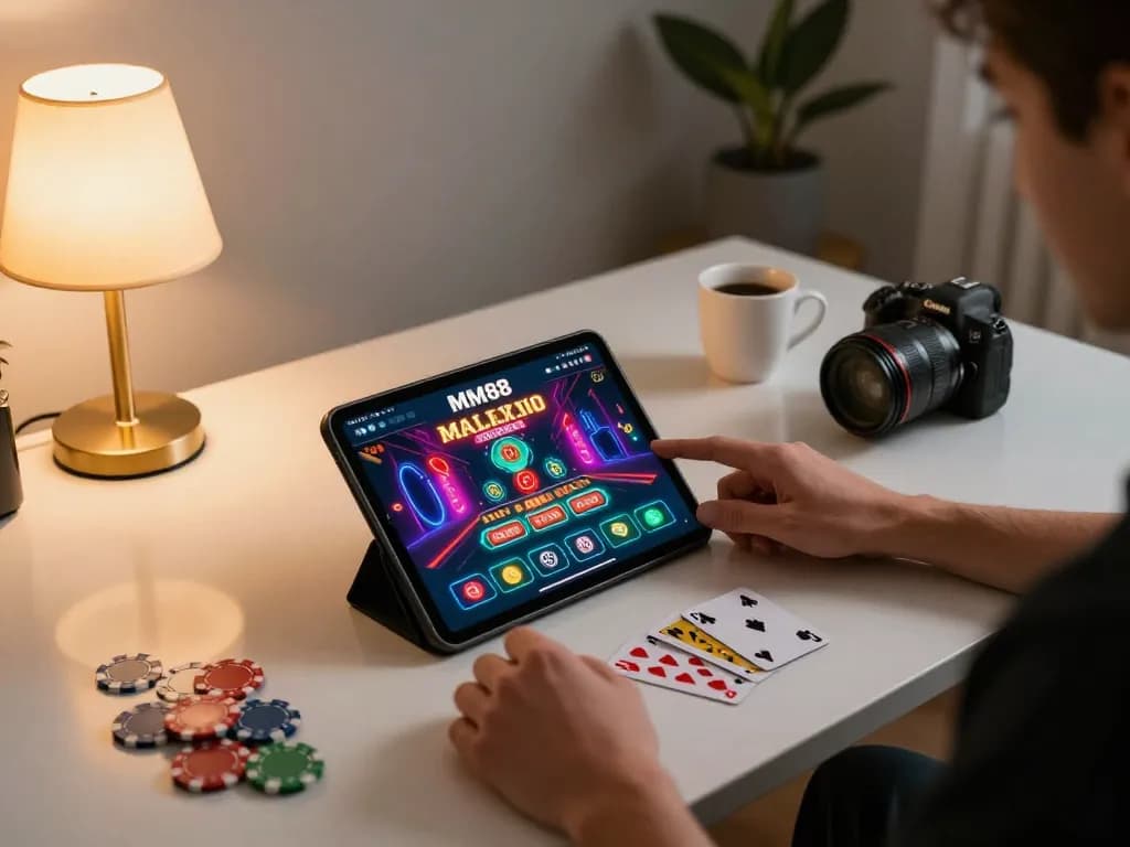 Person using the MM88 app on a tablet for online casino gaming in a cozy home setting
