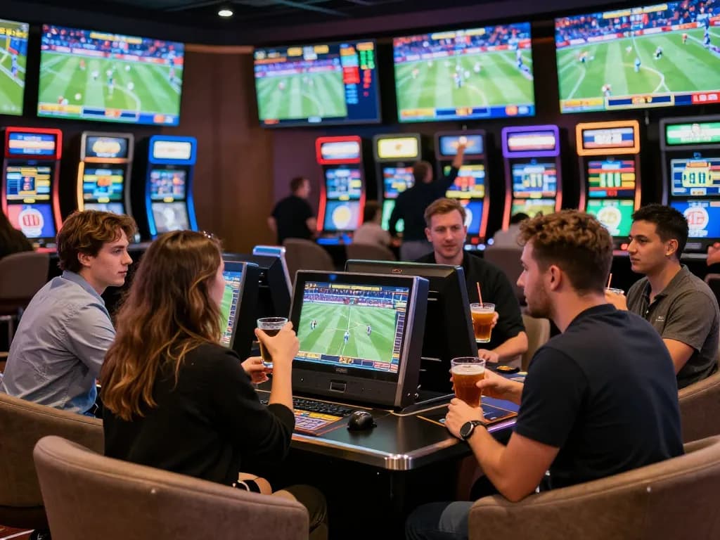 Betting excitement at a sports area, showcasing 7mcn's live odds engagement.