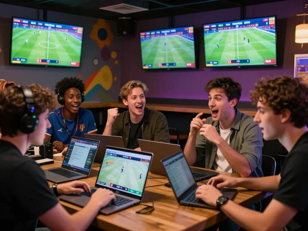 Engaged bettors analyzing Nowgoal live scores in a vibrant sports bar atmosphere.