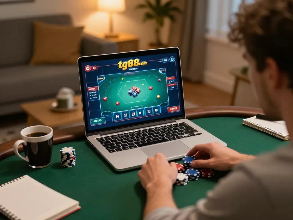 Players enjoying online poker gameplay on tg88 com with cozy living space decor.