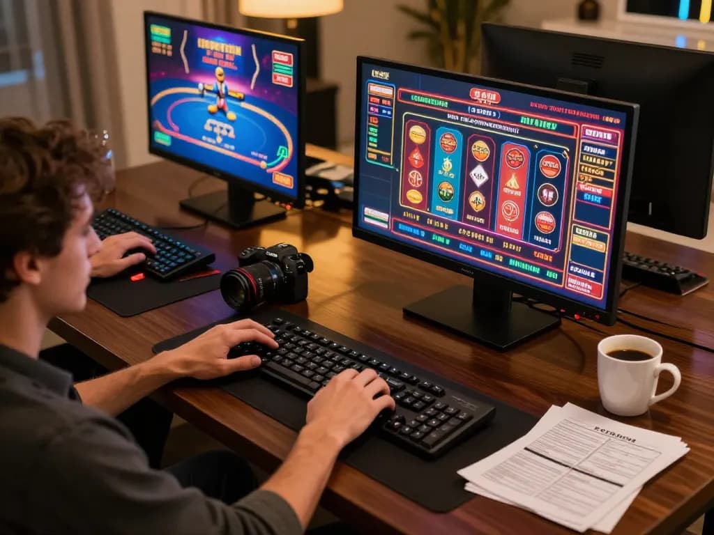 Sanclub player engaging in strategic online gaming with multiple devices in a cozy environment.