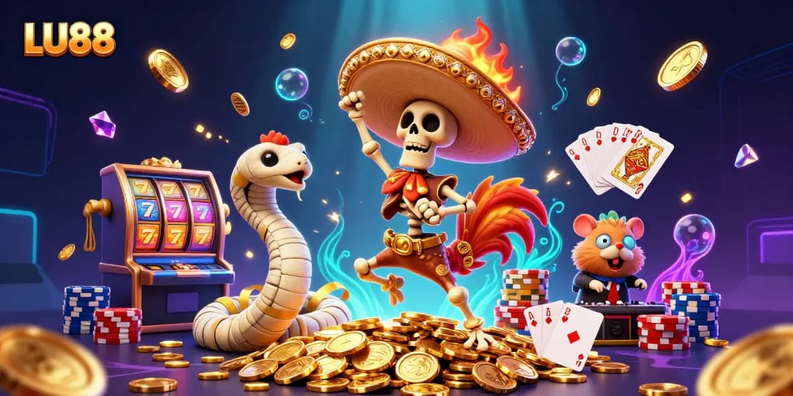 Experience lively action at LU88 with a vibrant 3D casino illustration featuring dynamic characters and games.