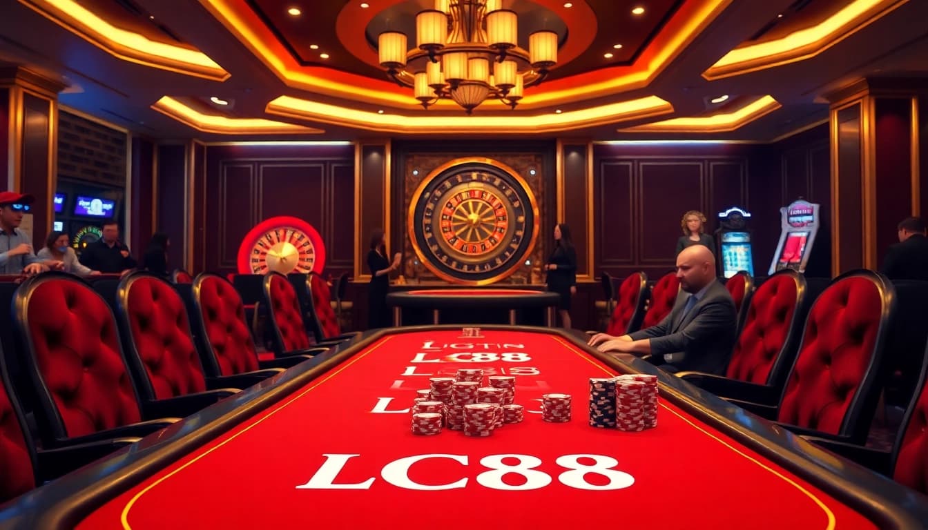 Experience the excitement of LC88 at a luxurious casino gaming table with poker chips and players.