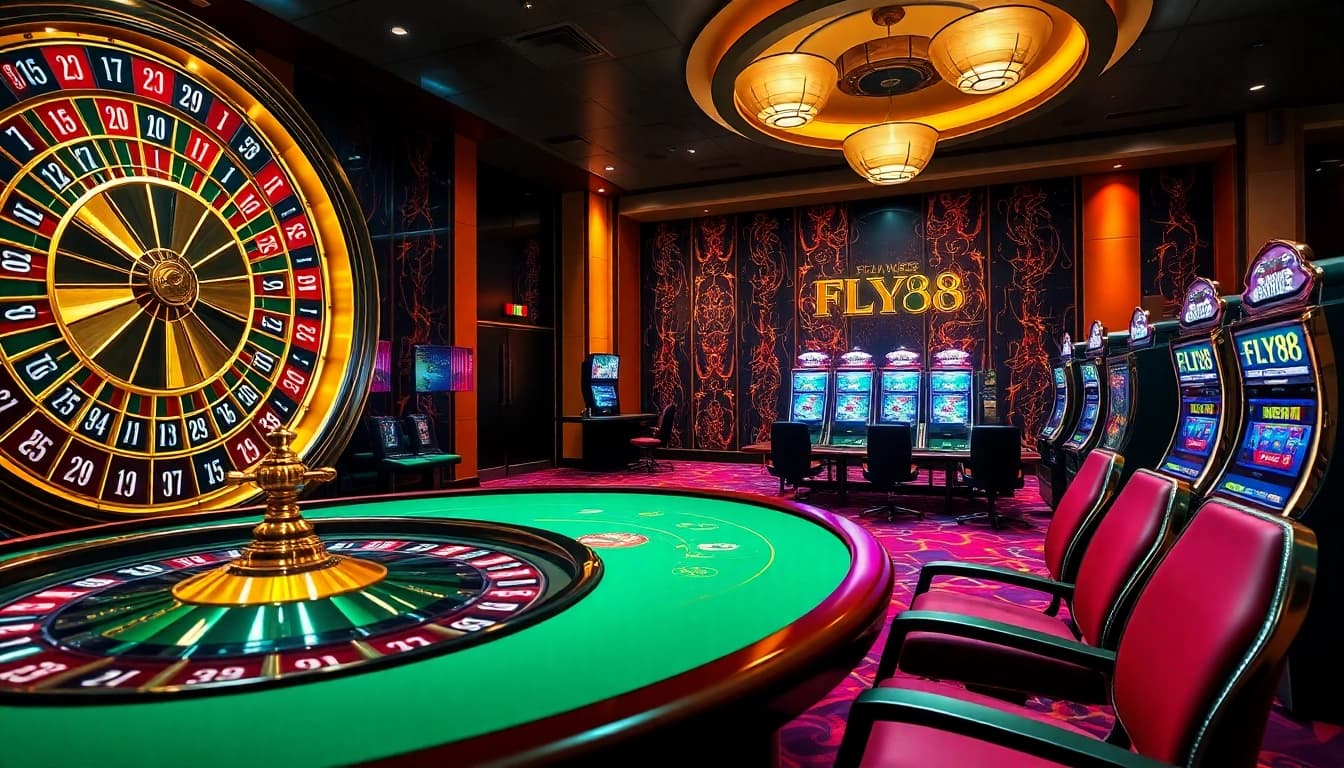 Experience the excitement of FLY88 at a vibrant casino with slot machines and roulette.