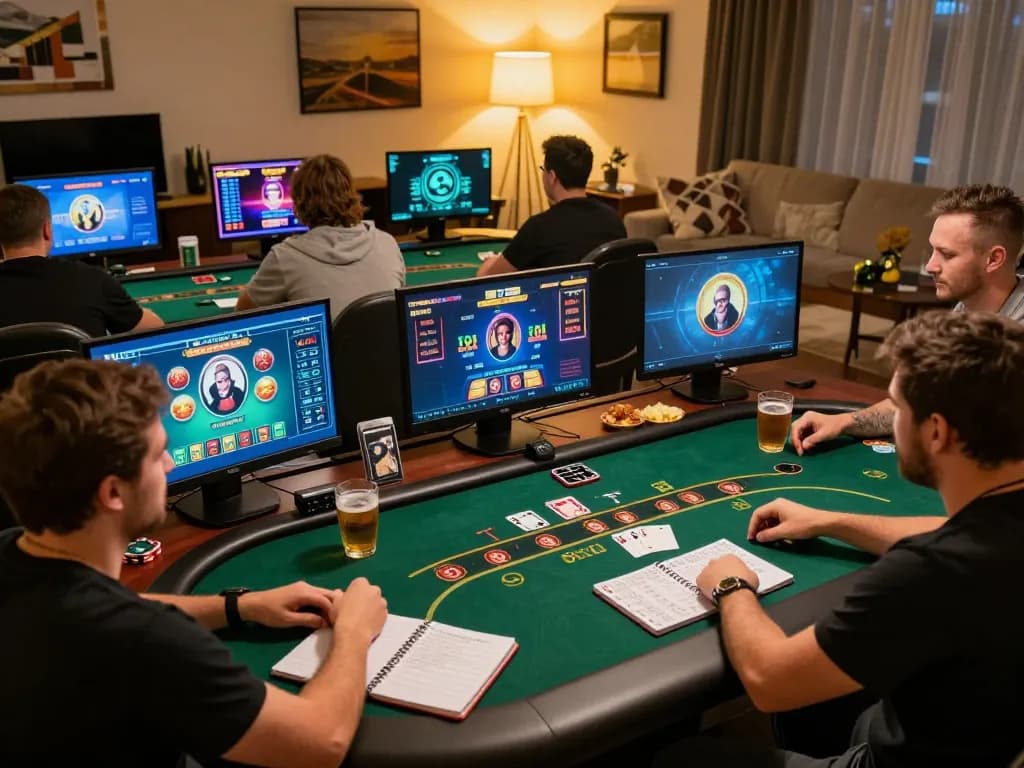 Players enjoying online gaming at KK55, engaged in poker and slots, demonstrating excitement and strategy.