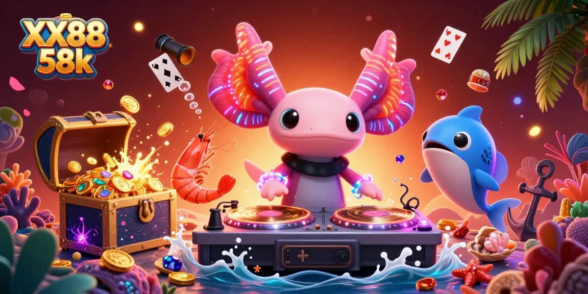 Experience the vibrant energy of XX88 58k with a neon underwater DJ scene surrounded by dynamic casino game elements and glowing treasures.
