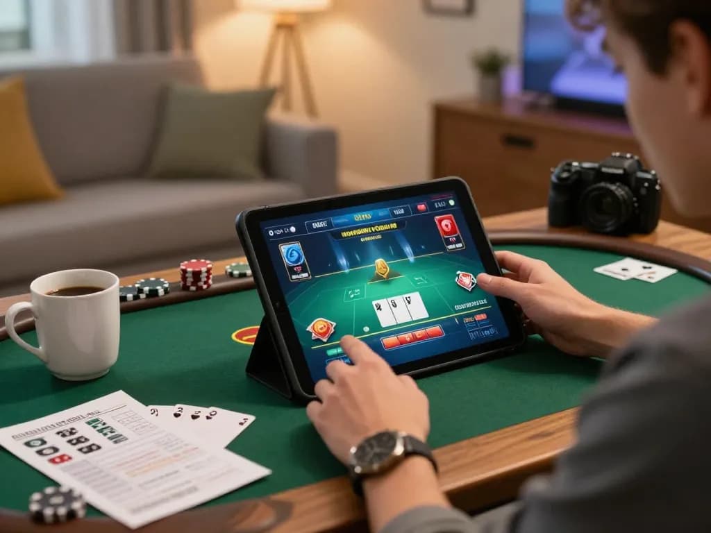 Player engaging with hbet poker app on tablet at home, showcasing strategic gameplay.