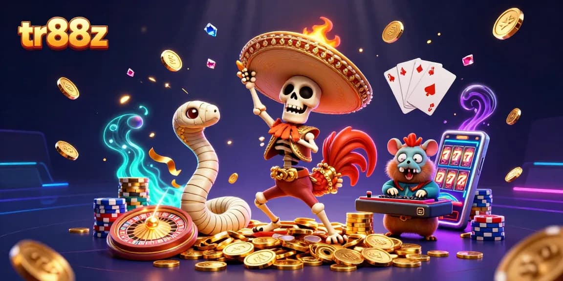 Enjoy the thrilling action at tr88z with a vibrant casino scene featuring lively characters and casino elements.