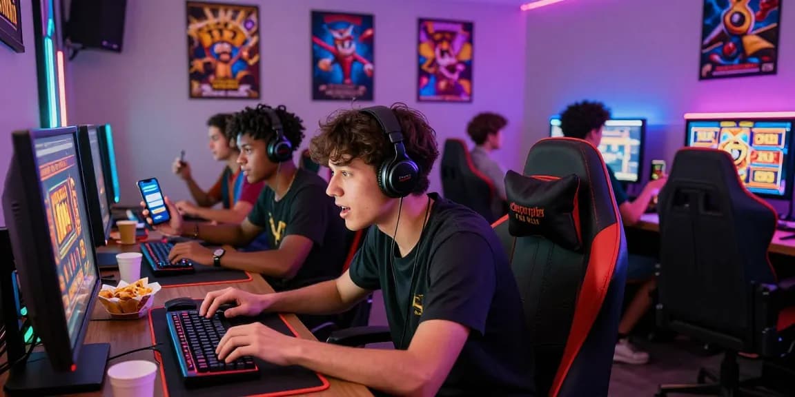 Gamers enjoying online slots with deposit options like depo pulsa 10k tanpa potongan in a vibrant gaming lounge atmosphere.