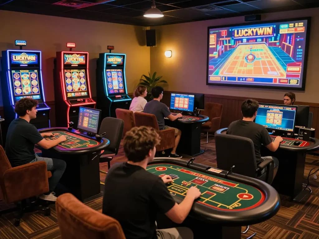 Players enjoying thrilling LUCKYWIN games in a vibrant online casino atmosphere, focused on strategy and winning.