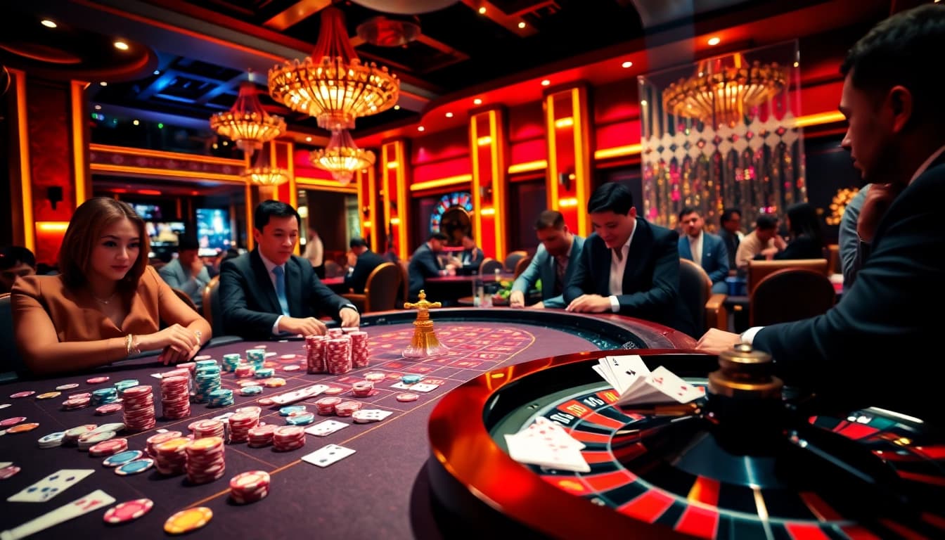 Engaged gamblers playing at an okwin casino table, showcasing excitement and luxury.