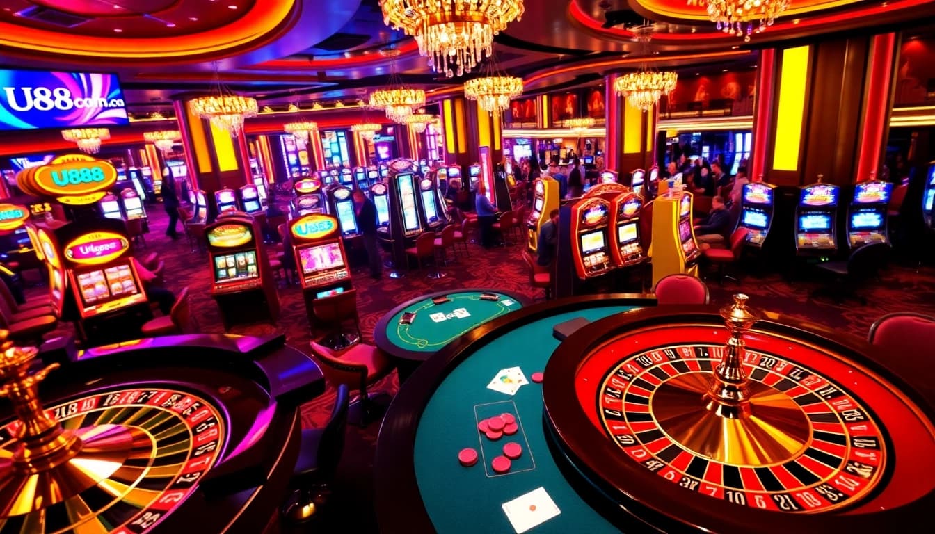Players enjoying thrilling games at U888 com casino, showcasing slots and poker.