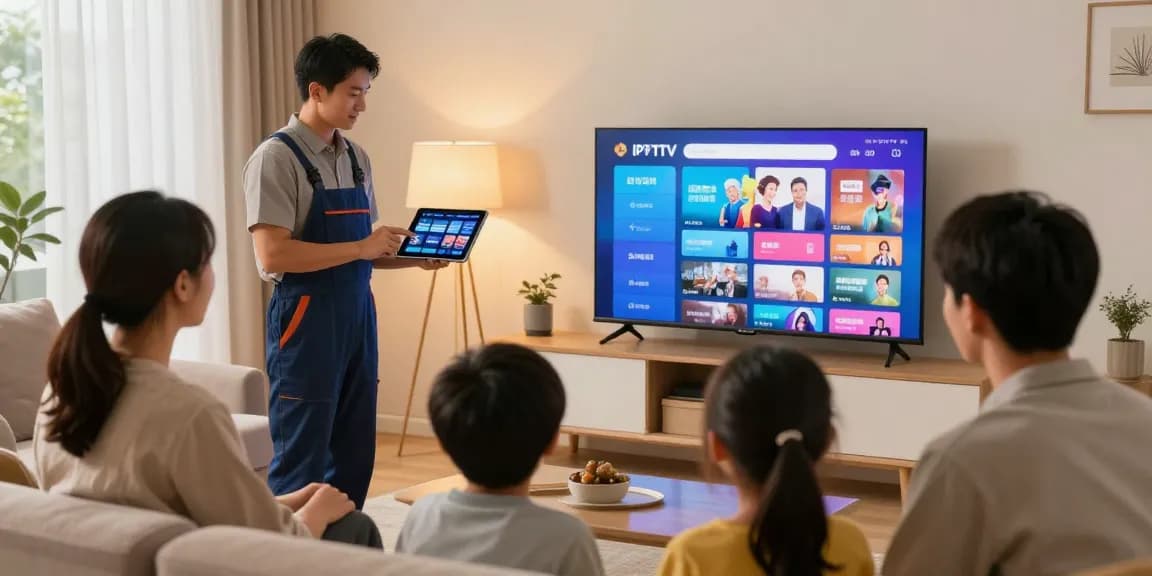 Professional contractor showcasing IPTV service installation in a comfortable living room.