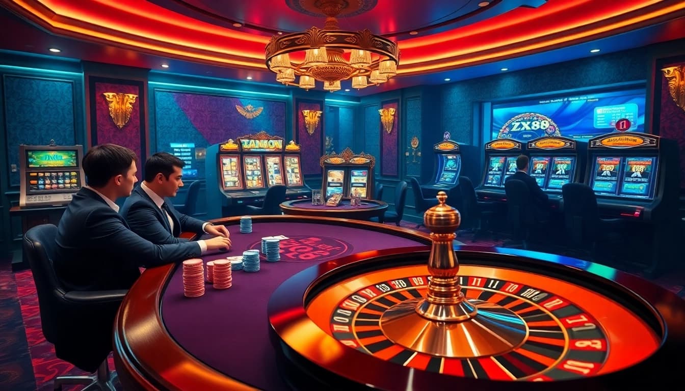 Experience the thrill of gambling with vibrant scenes from https://zx88.buzz/ featuring poker tables, roulette wheels, and slots.