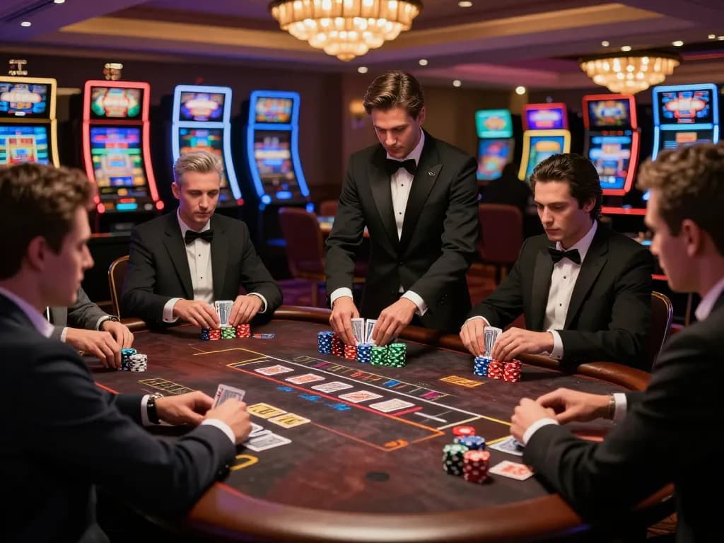 Players strategizing at 89bet's blackjack table, with chips stacked and cards dealt in a luxurious casino atmosphere.