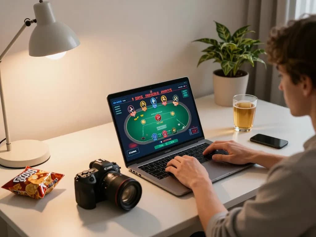 Person navigating the online casino experience at bomwin, enjoying a cozy home gaming setup.