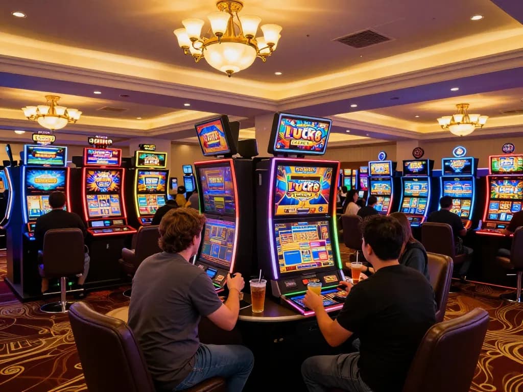 Engaged players enjoying LUCK8 slot machines in a vibrant casino atmosphere.