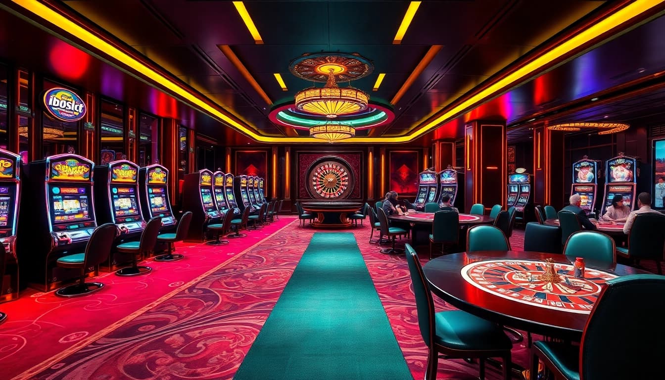 Experience the excitement of winning at iboslot's luxurious casino with vibrant slot machines and classy poker tables.