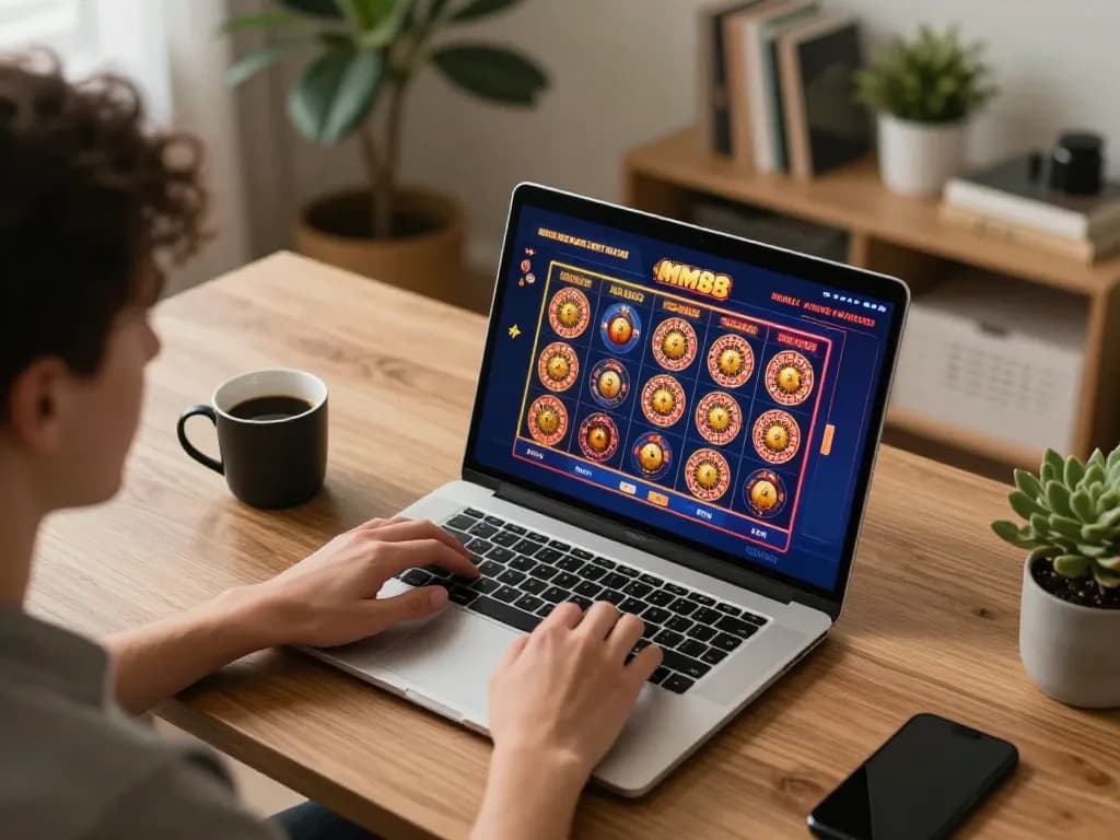 MM88 online gaming setup showcasing vibrant casino games in a comfortable home environment