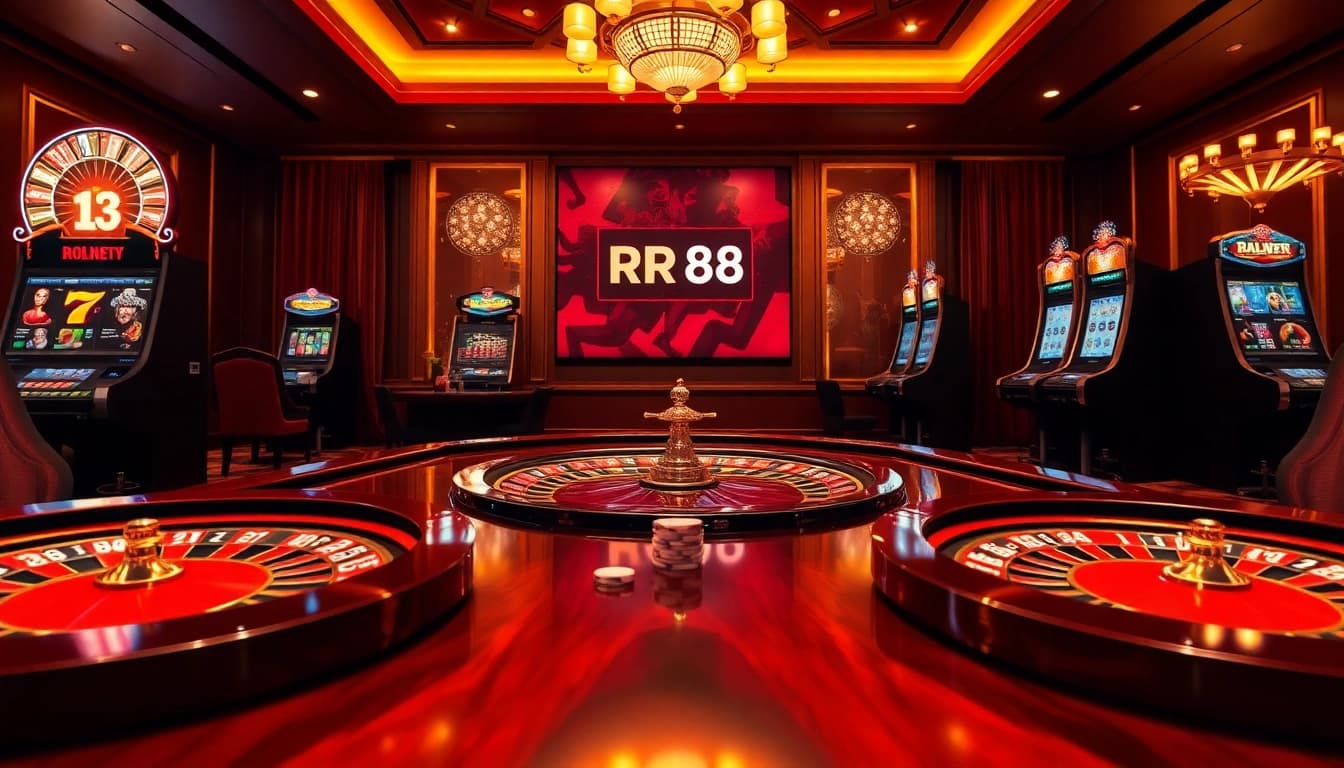 Experience excitement at RR88 with an immersive casino interface featuring roulette and poker elements.