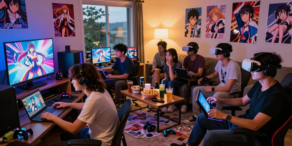 Group playing ecchi games in a lively gaming room with snacks and anime decor