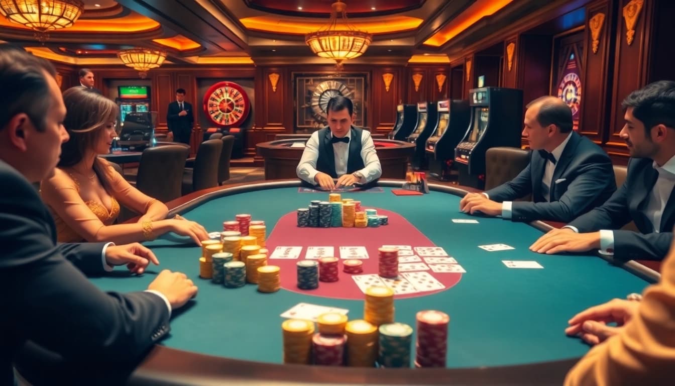 Engaging poker game scene highlighting the excitement of gambling at https://bem88v.com/.