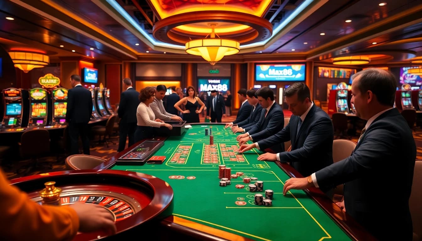 Experience the excitement of max88 at a luxurious casino table, with professional dealers and vibrant slot machines.
