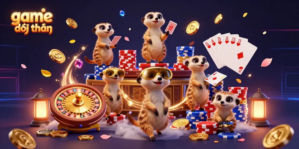 Experience the thrill of game đổi thưởng with playful meerkats in a lively casino scene.