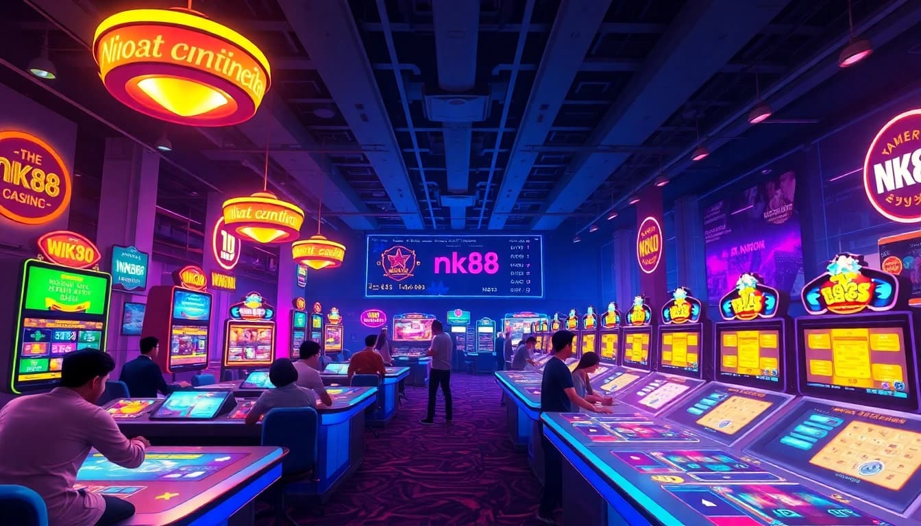 The vibrant nk88 virtual casino scene with energetic players and dynamic gaming tables, embodying the thrill of online gambling.