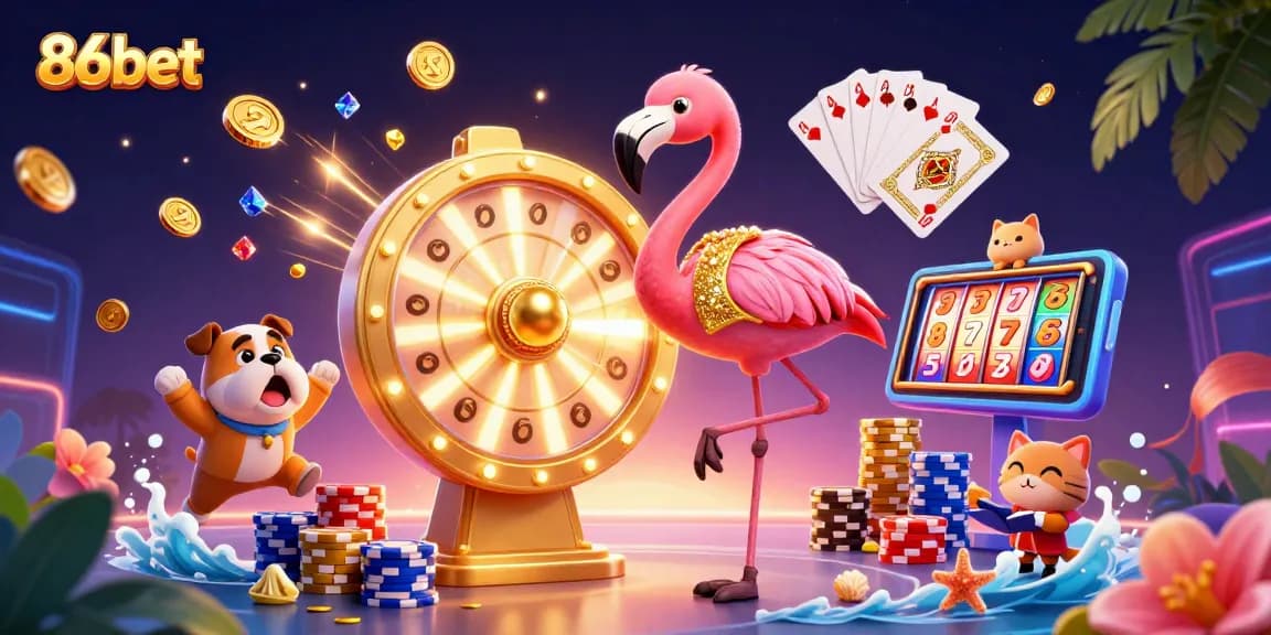 Experience the excitement of 86bet with a colorful 3D casino scene featuring prizes and playful characters.