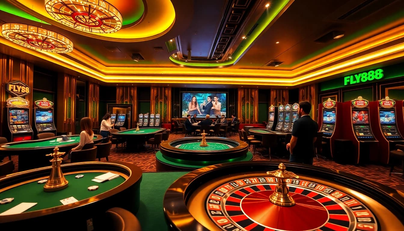 Experience the thrill of FLY88 with vibrant casino visuals showcasing poker tables and roulette wheels.