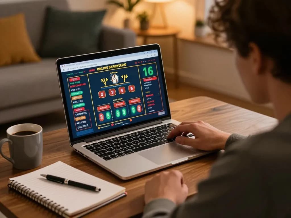 32win player analyzing betting strategies on laptop during online gaming session in a cozy home