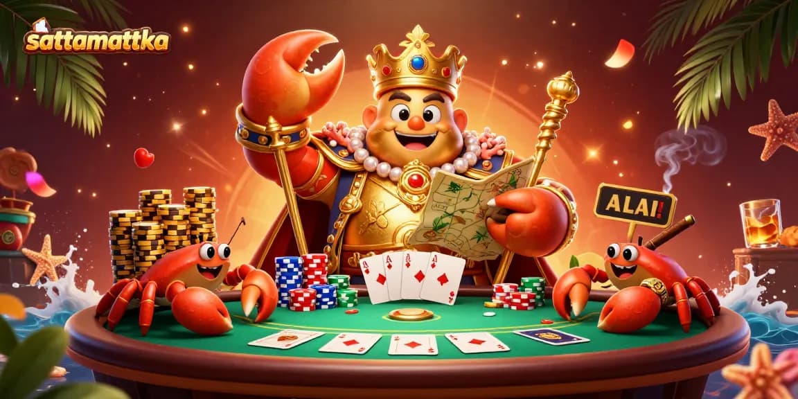 Engage with sattamattka's thrilling casino scene featuring a golden crab emperor surrounded by game elements.