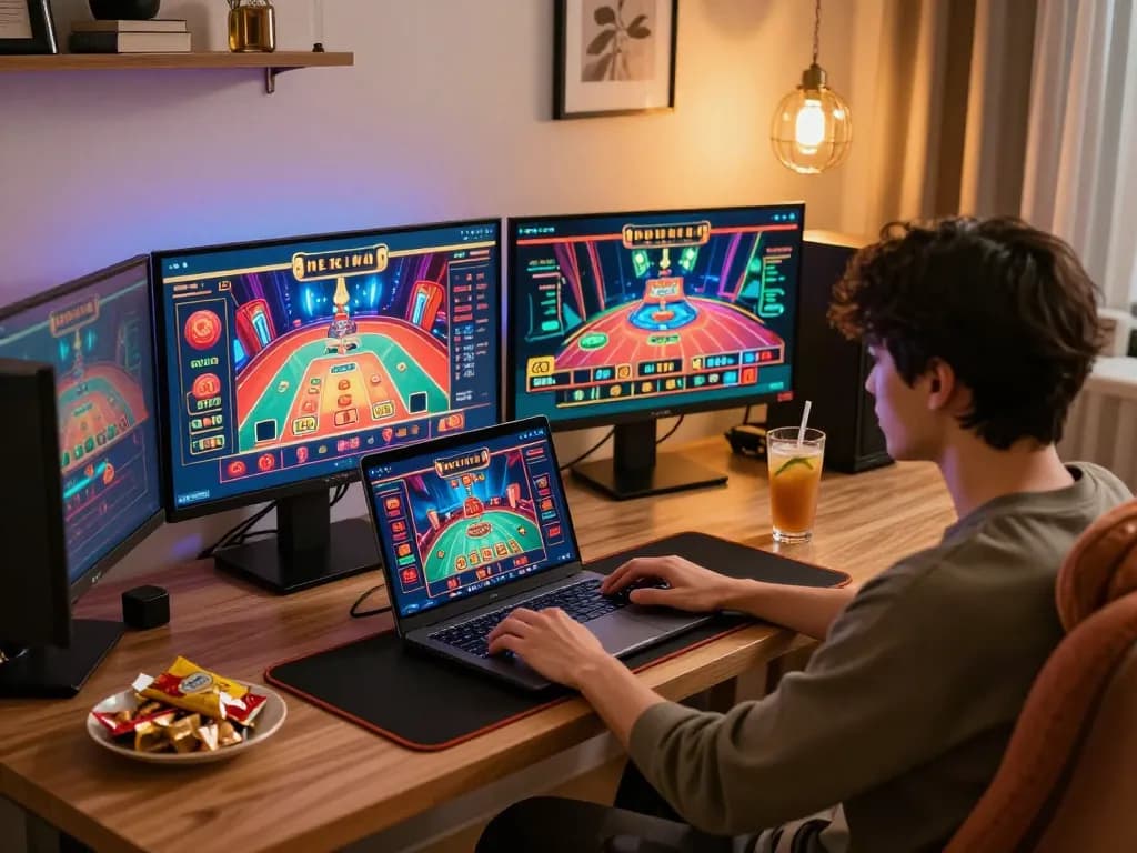 Bong88 player strategizing on laptop with vibrant casino interface in cozy home setting