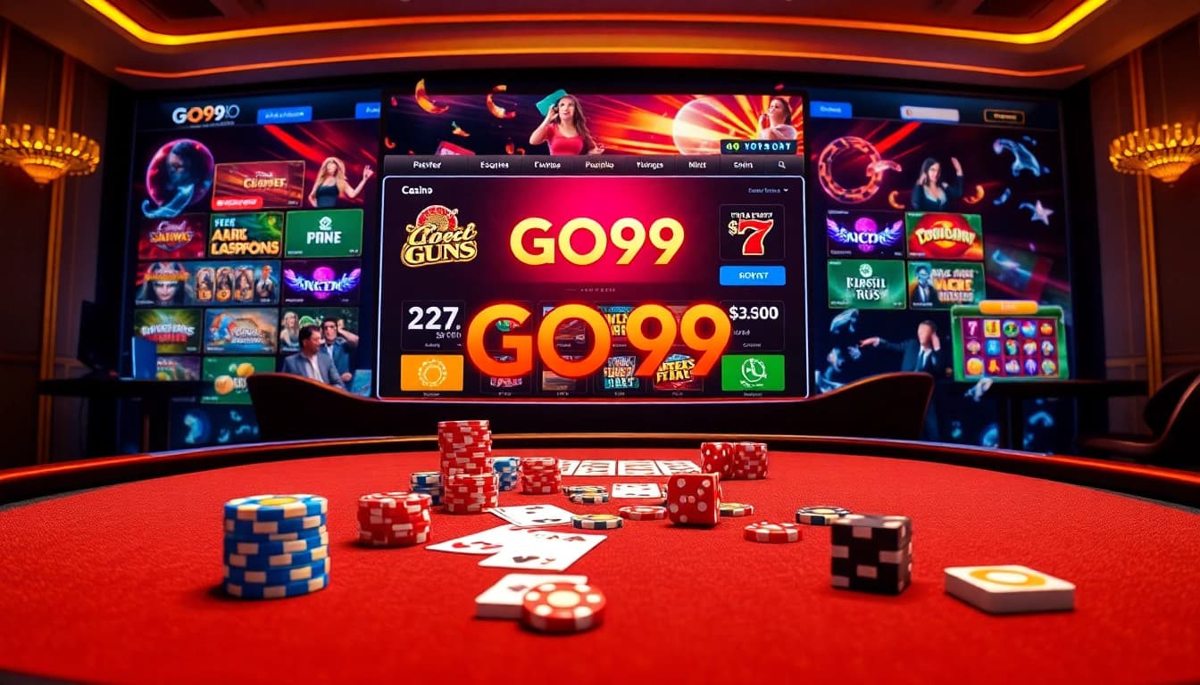 Go99 showcases a vibrant online casino scene featuring chips, cards, and table games.