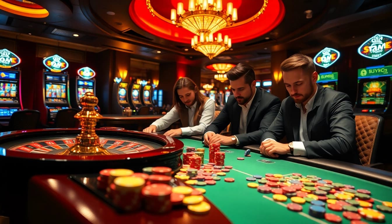 Lương Sơn TV showcases a vibrant gaming scene with intense poker players and an engaging roulette wheel, emphasizing seamless online gambling.