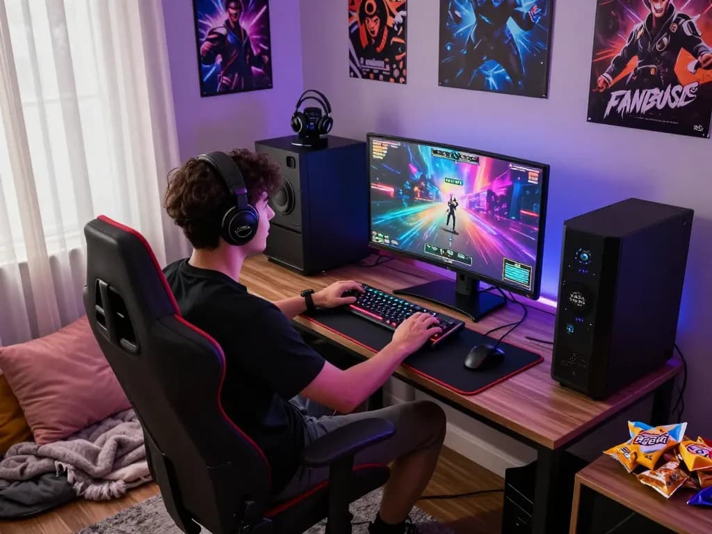 Player enjoying a porn game in a vibrant gaming setup with LED lights.