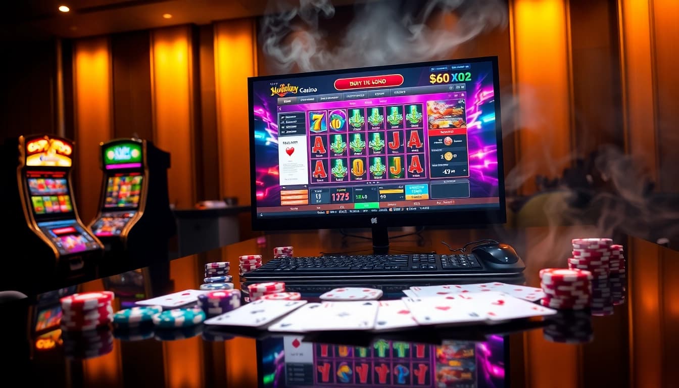 Players enjoying a thrilling online gambling experience at https://nohu90.tools/ with vibrant slot machines and poker chips.