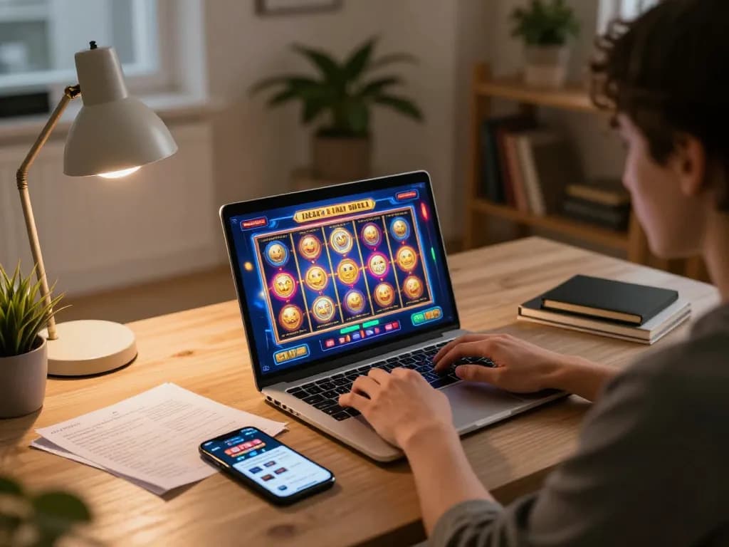 Engaging online gaming at home with TR88 slot games on laptop and betting app visible