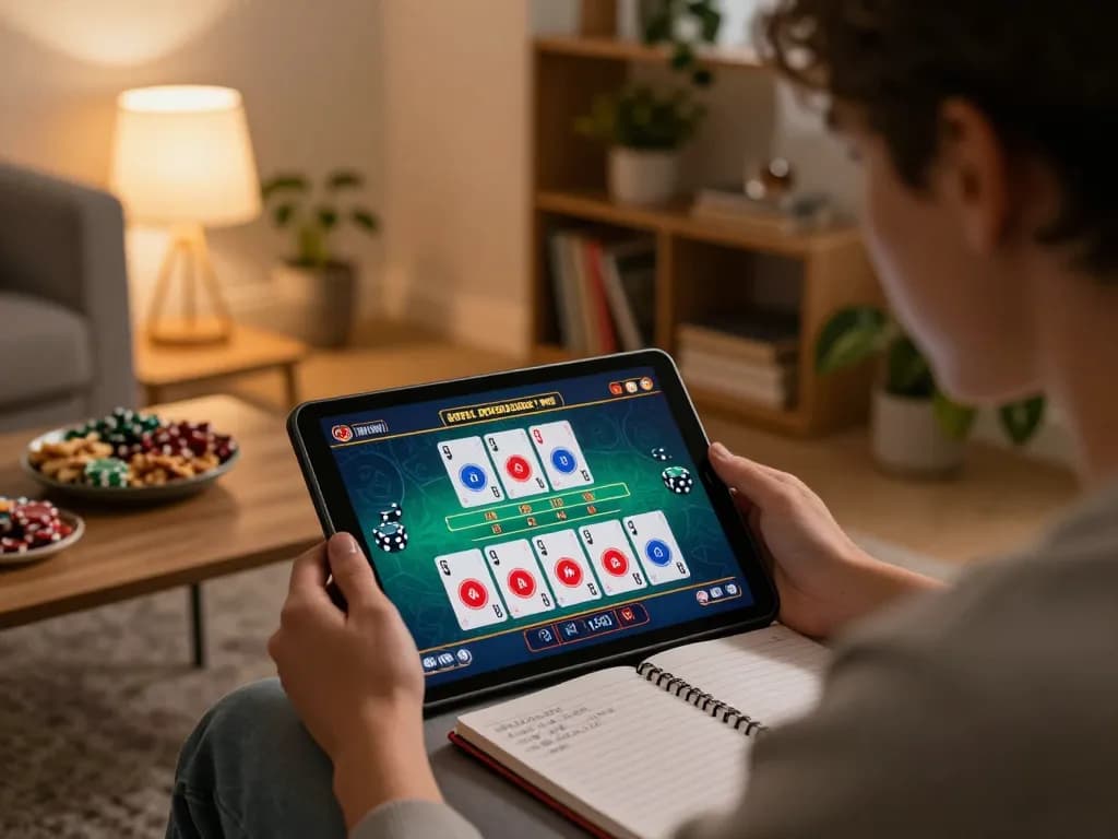Engaging in a live dealer game on a tablet while enjoying a cozy setting at https://v788.biz/ showcasing responsible gambling.