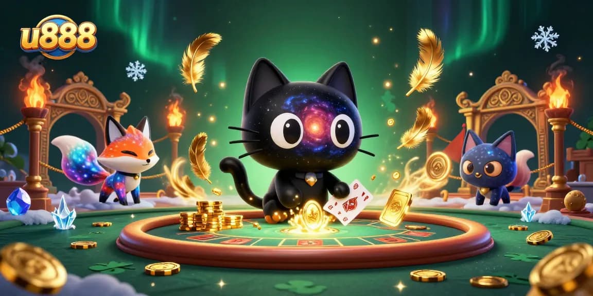 Experience the excitement of u888 as a cosmic cat draws in golden chips at a vibrant casino table.