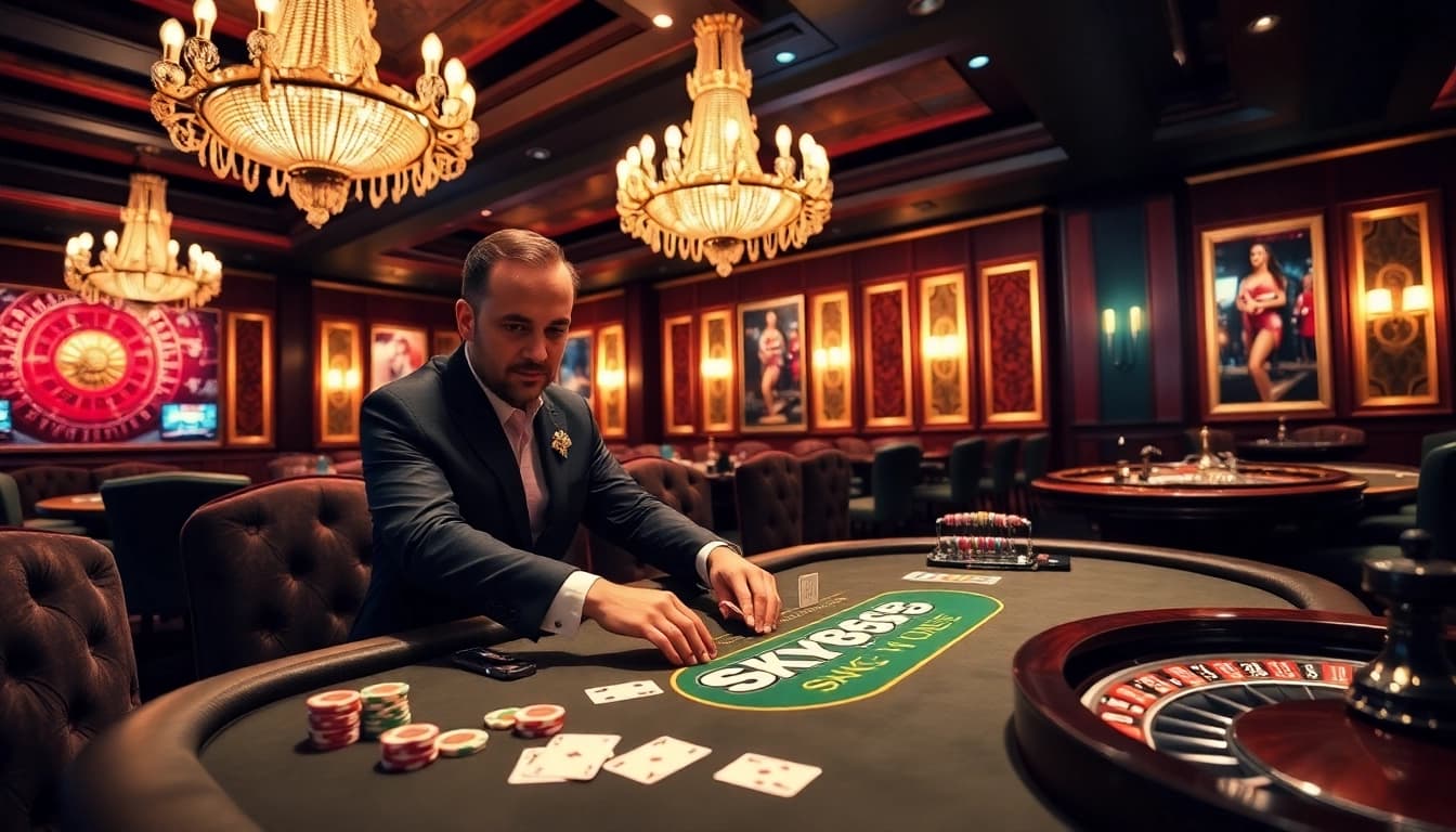 Engaging scene of a luxurious SKY88 poker game with vibrant casino elements and inviting atmosphere.