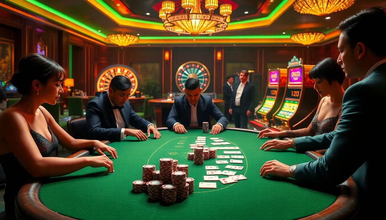 Players enjoying high-stakes poker at Hello88 casino, immersed in a thrilling gambling atmosphere.