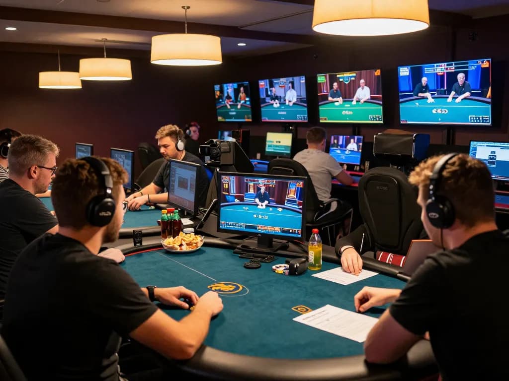 Players engaging in NK88 online poker tournament from home, showcasing strategy and gameplay