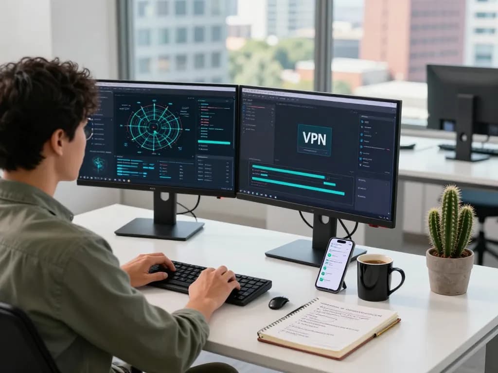IT professional optimizing 快连 VPN in modern workspace with dual monitors and city view.