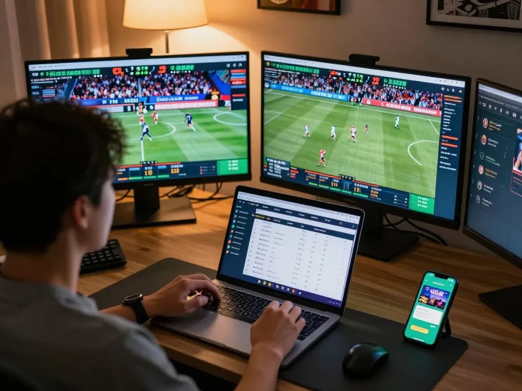 Betting on sports with LV88 on multiple screens, showcasing dynamic excitement and strategy.
