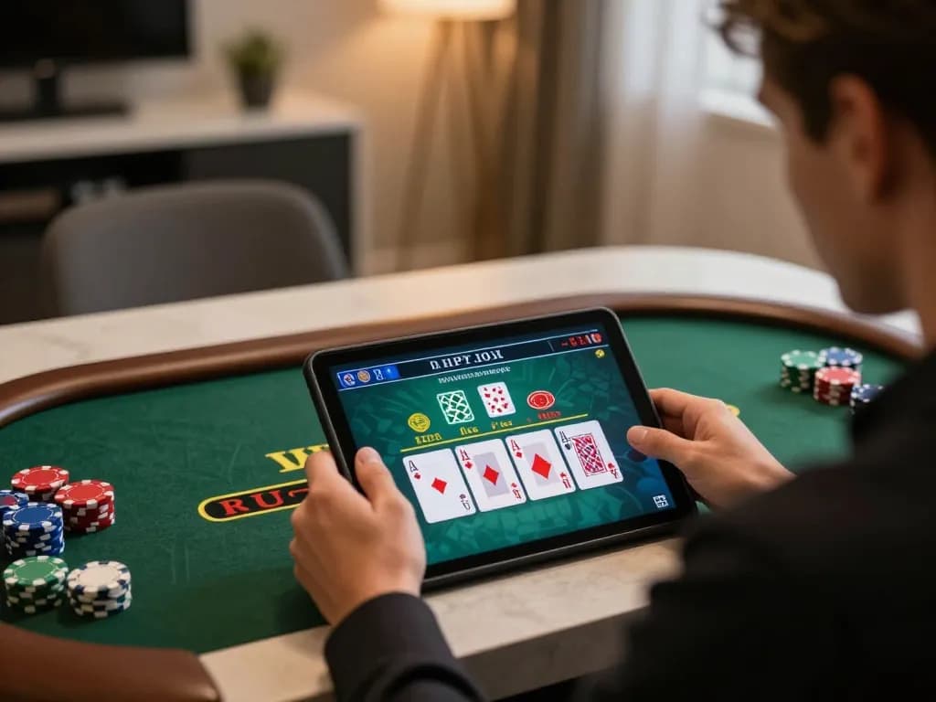 Player engaging in live blackjack on 13Win tablet, showcasing immersive online gambling experience