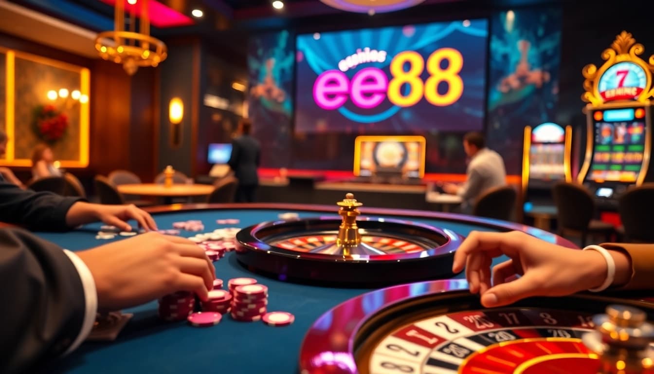 Exciting online gambling at ee88 with vibrant poker table and roulette wheel.